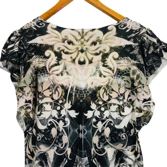 One World Womens Flutter Sleeve Top Sz Large Floral Pattern Embellished - Picture 8 of 11